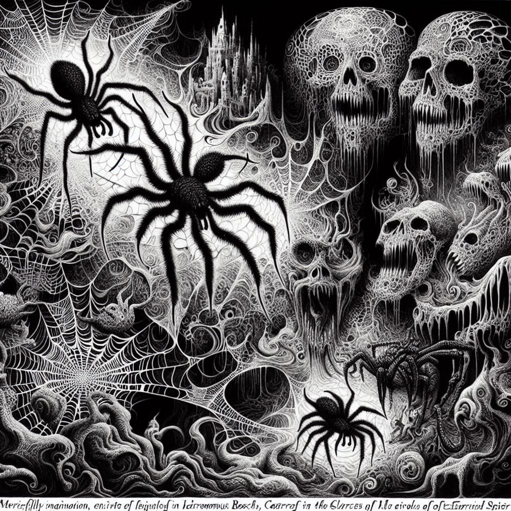 Spider web Black spiders Odilon Redon Ink spiders Strange creatures Surrealism Hieronymus Bosch garden of earthly deligh...