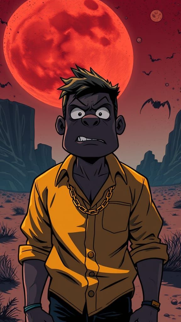 Shocked Young Man in Surreal Desert, Comic Book Style