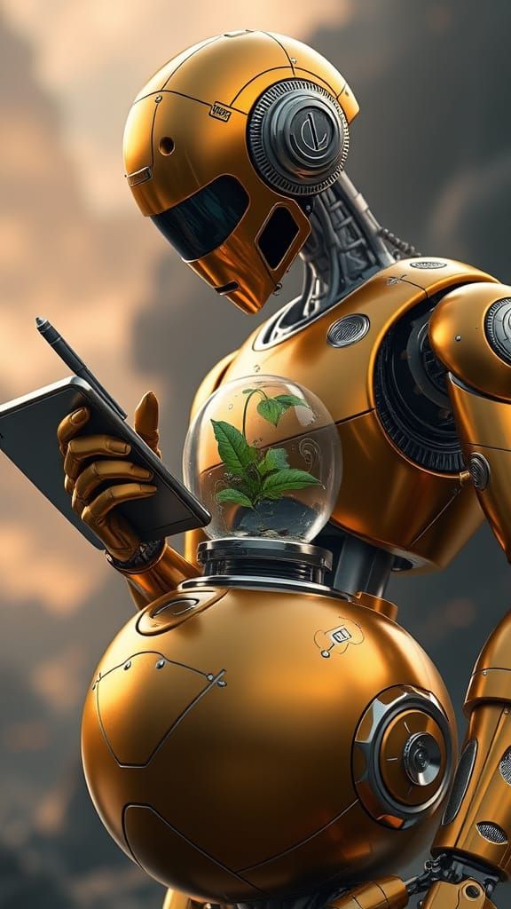 Golden Robot Examines Alien Plant in Sci-Fi Laboratory