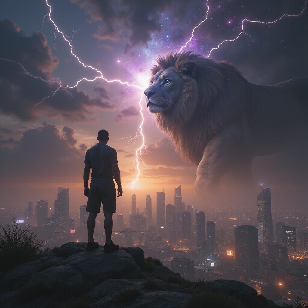 Ethereal Thunder Light Over Urban Future Cityscape with Tran...