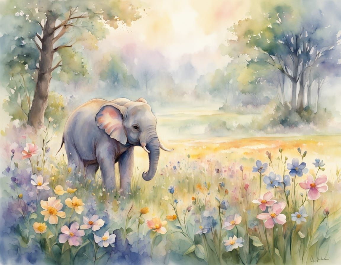 Whimsical Watercolor of a Playful Elephant in a Springtime M...
