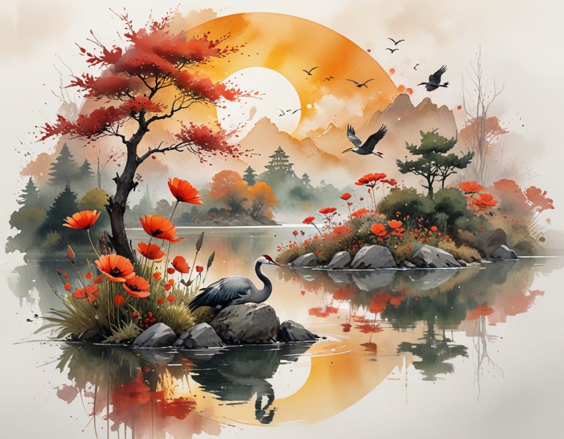 Crimson Sun Over Autumn Lake With Crane and Pagoda