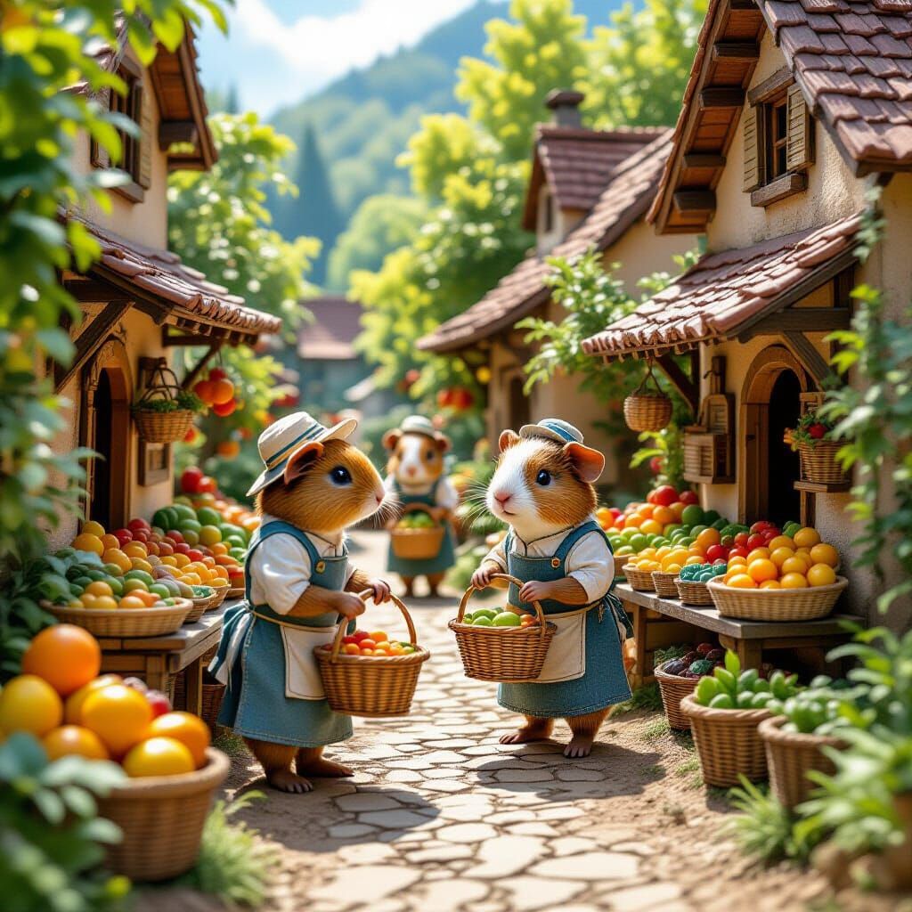 Guinea Pig Merchants in Whimsical Village Marketplace