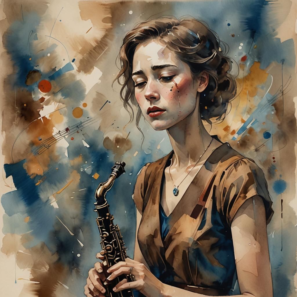 Woman Cries Playing Clarinet in Expressivist Style