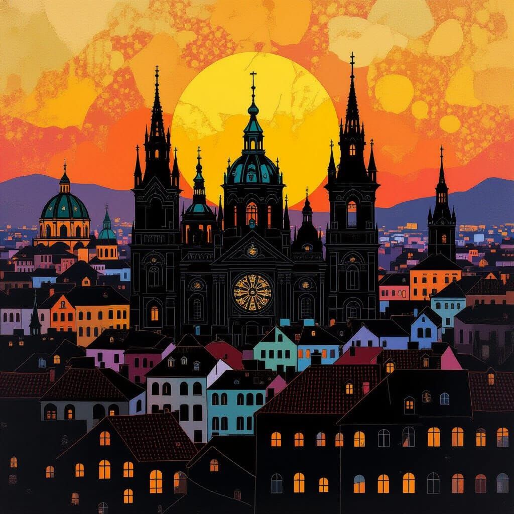 Cityscape Sunset: Art Nouveau Mosaic in Klimt Style