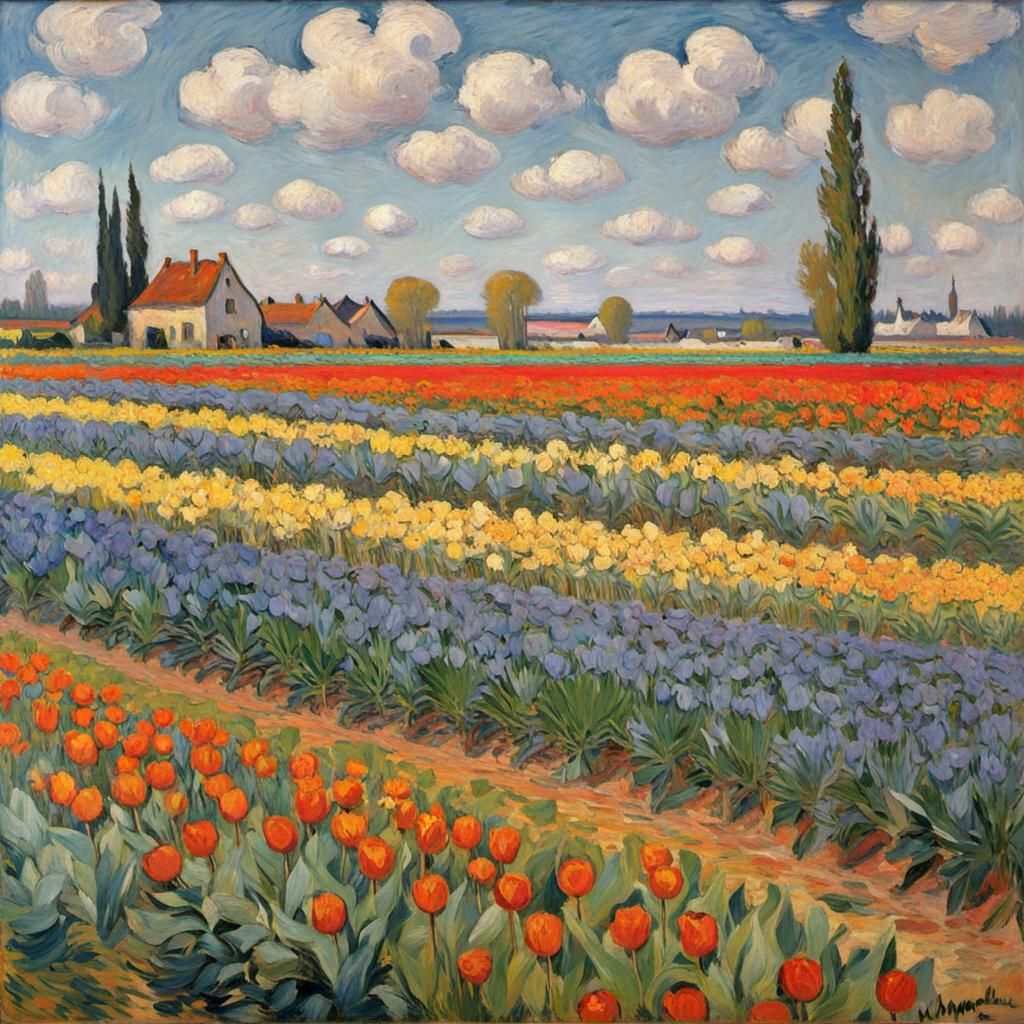Tulip Fields: Impressionistic Oil Painting