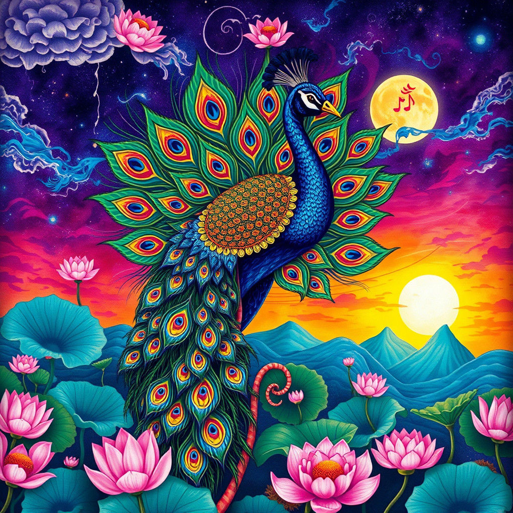 Pattachitra Peacock Lotus in Mythological Landscape