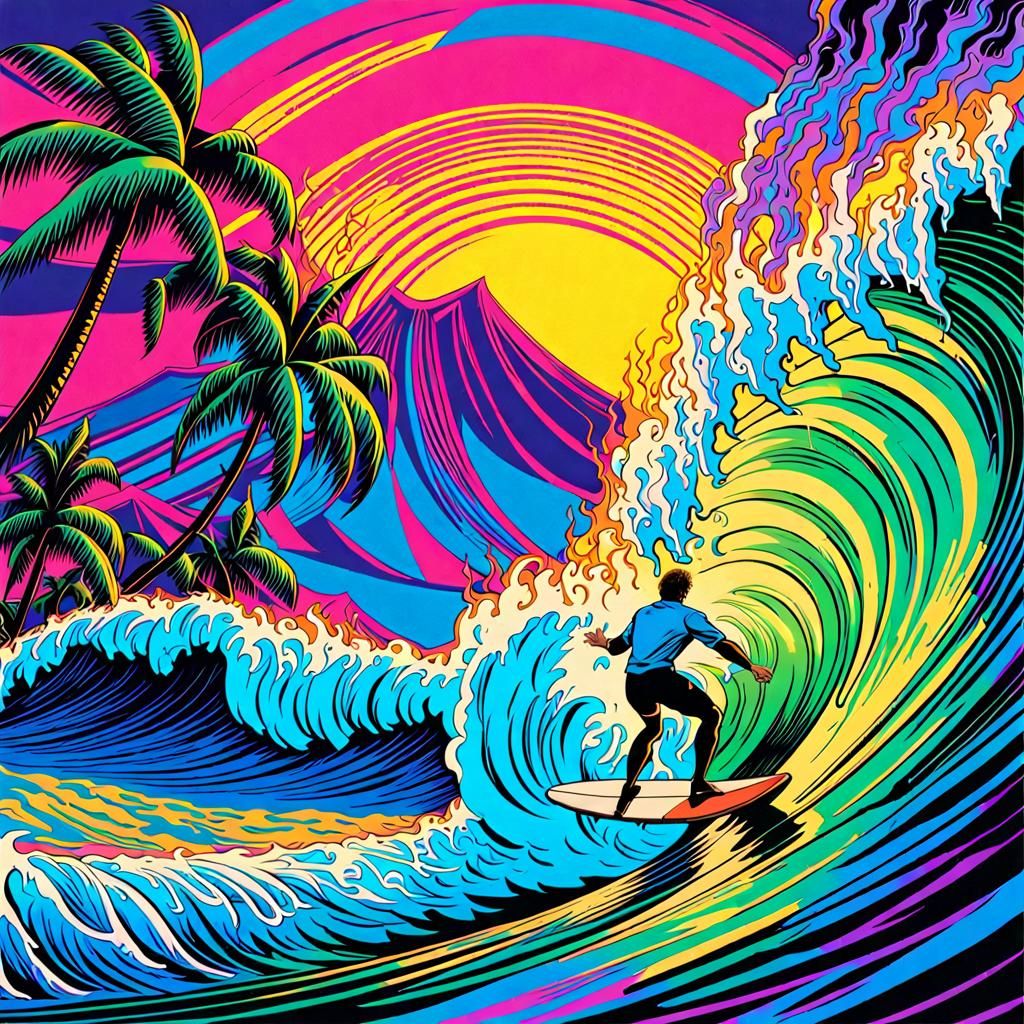 Surfer Rides Lightning Wave in Blacklight Colors