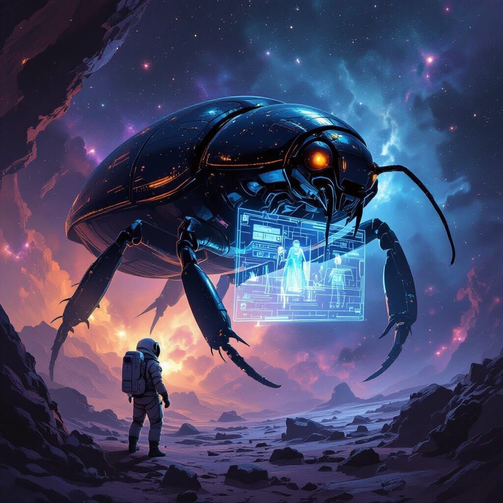 Astronaut Discovers Alien Scarab Ship in Cosmic Nebula