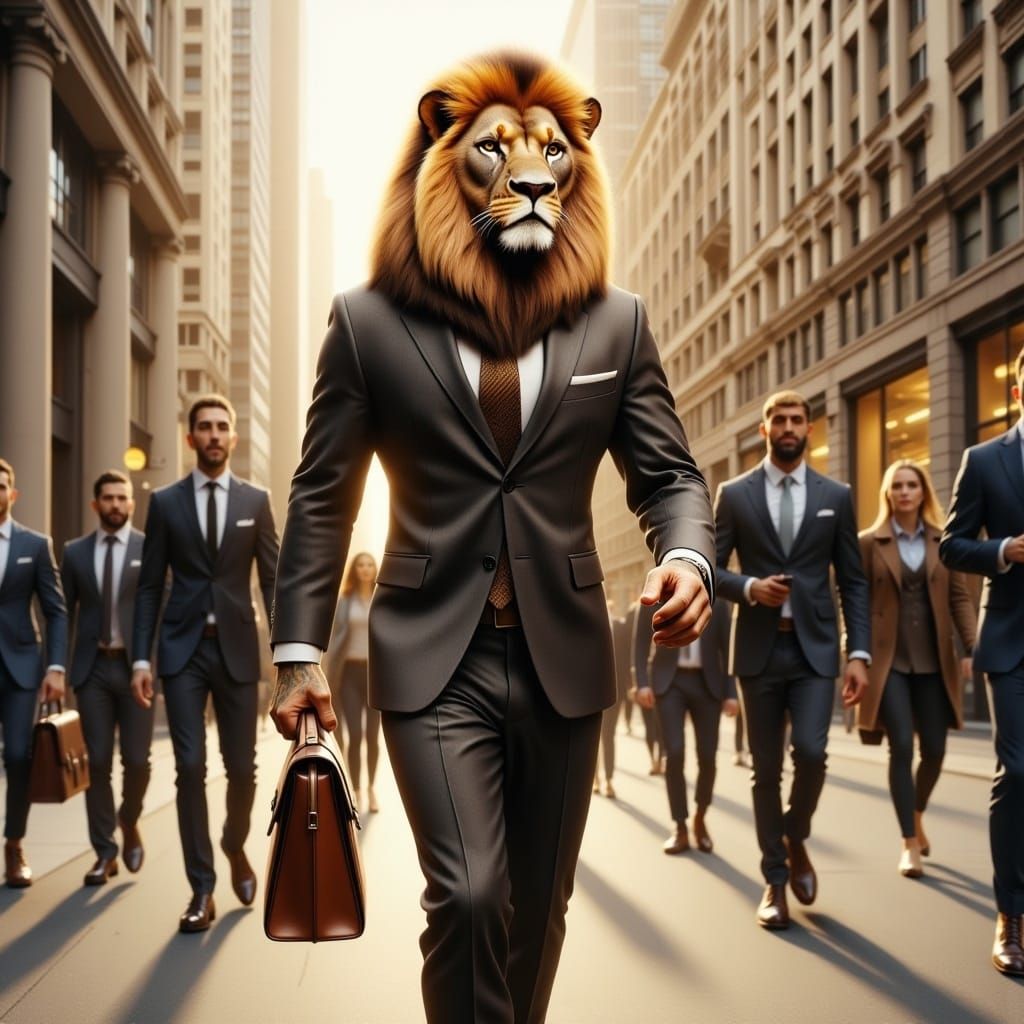 Lion-Man in Business Suit Striding Confidently