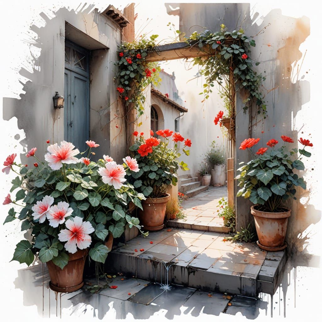 Sunlit Courtyard: Watercolor Summer Shower Scene