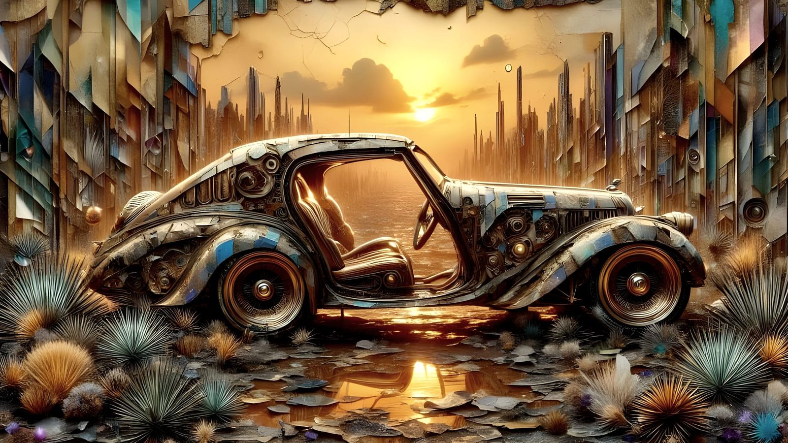 Sci-Fi Crystalline Desert with Glyphed Car and Geometric Pla...