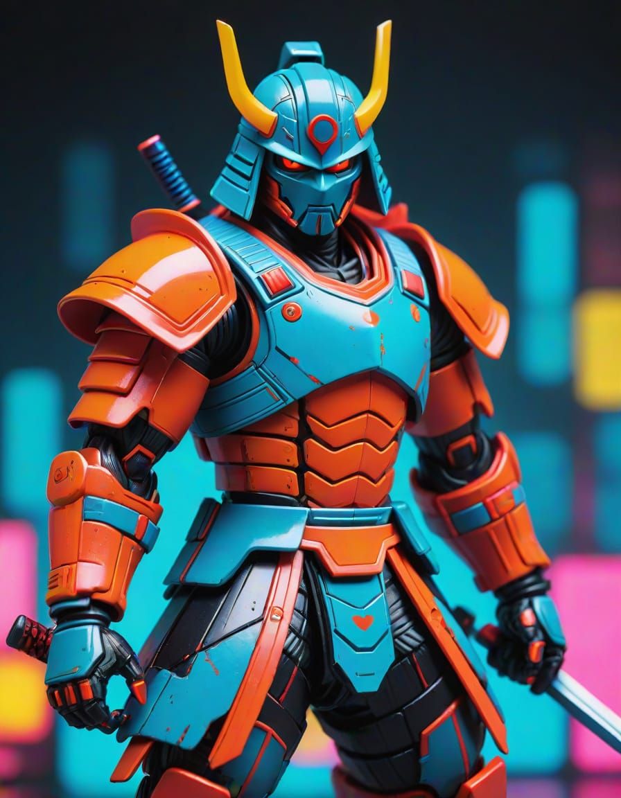 Vibrant Anime Samurai Action Figure in Retro Futuristic Pack...
