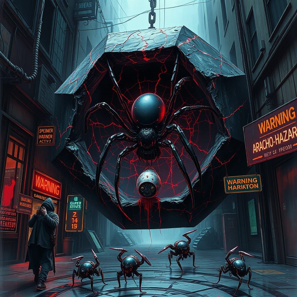 Cyberpunk Black Widow Emerges from Fractured Dodecahedron