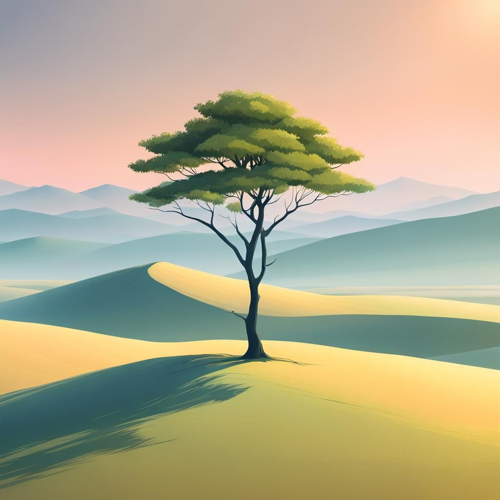 Lonely Tree in Minimalist Japanese Low Poly Style