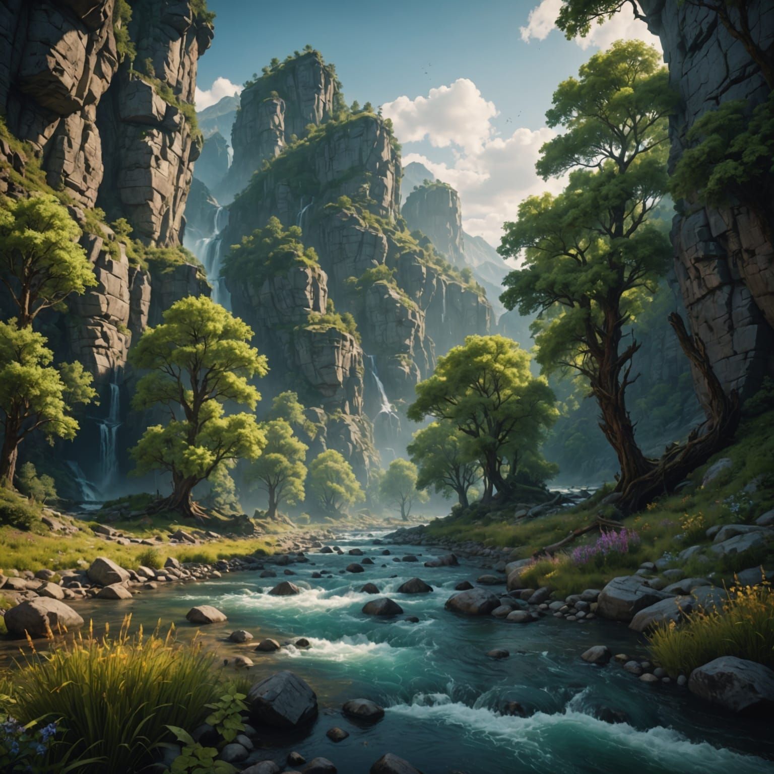 Ethereal River Oasis in Vibrant Summer hues