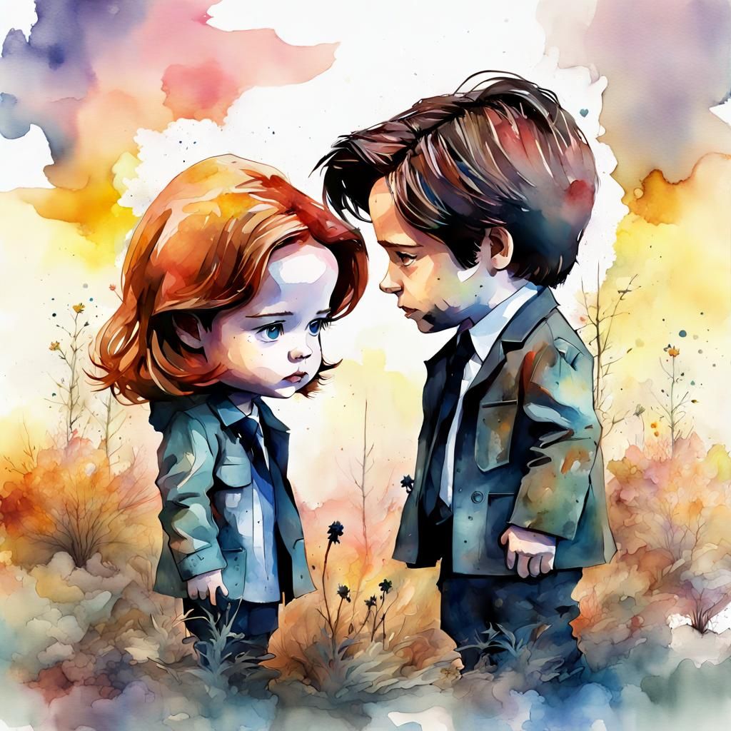 Chibi Mulder and Scully in Watercolor Sunset