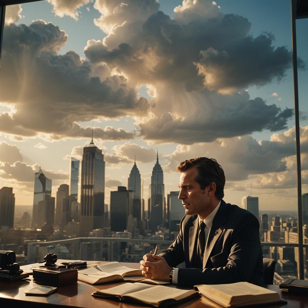 Cinematic Image of Man in Office Contemplating Heaven