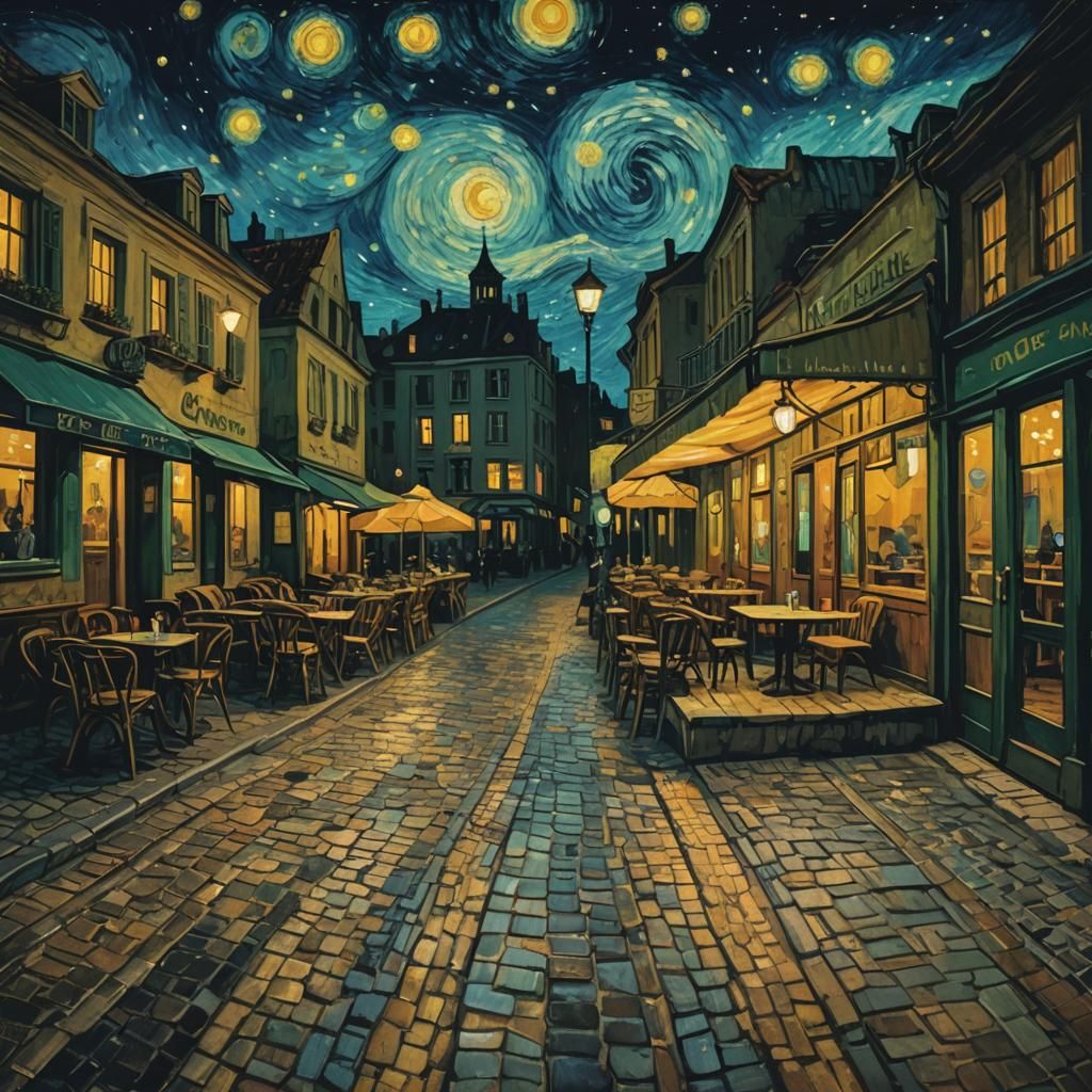 Cafe at Night in Post-Impressionistic Style