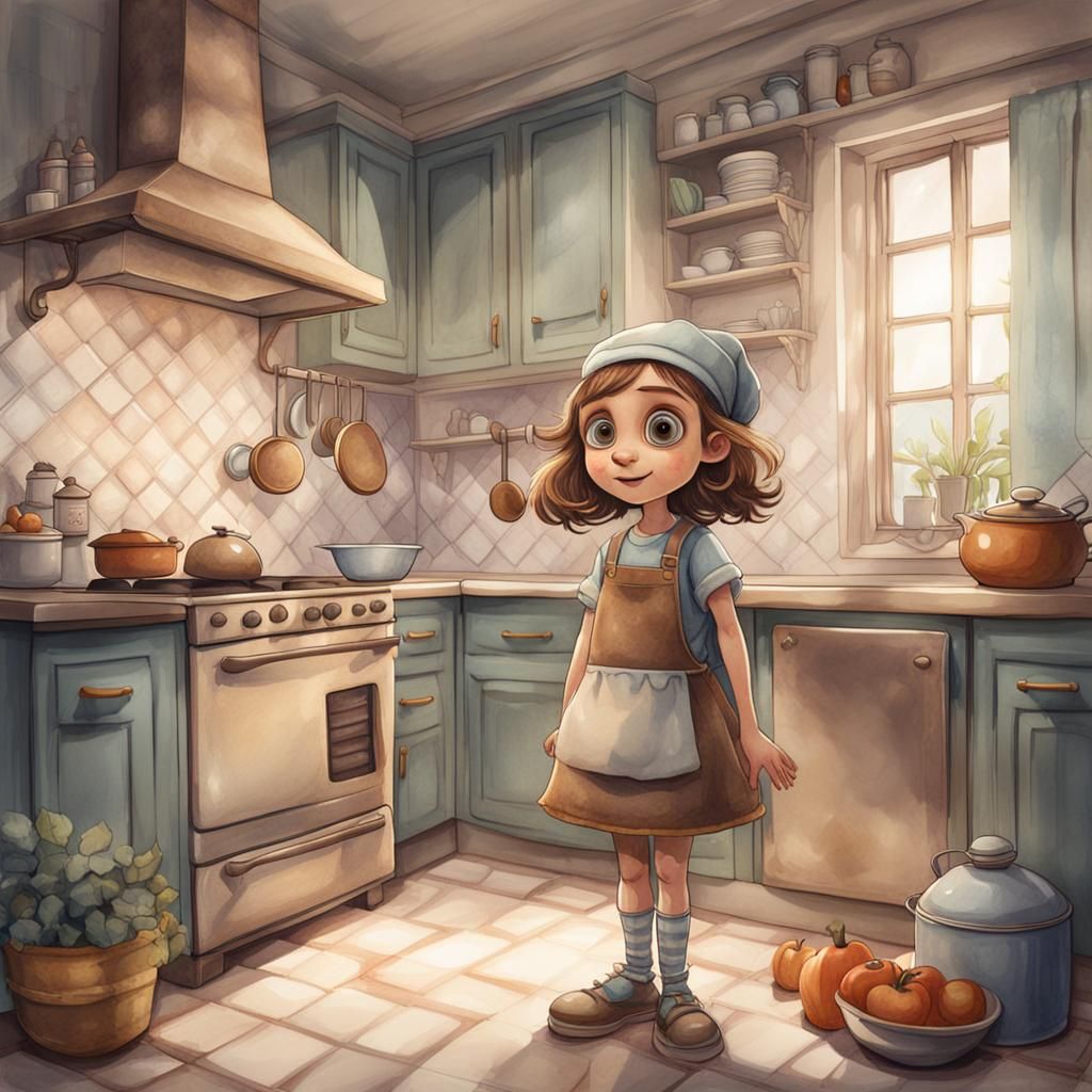 Girl in Kitchen Cartoon: Muted Whimsical Comic Art