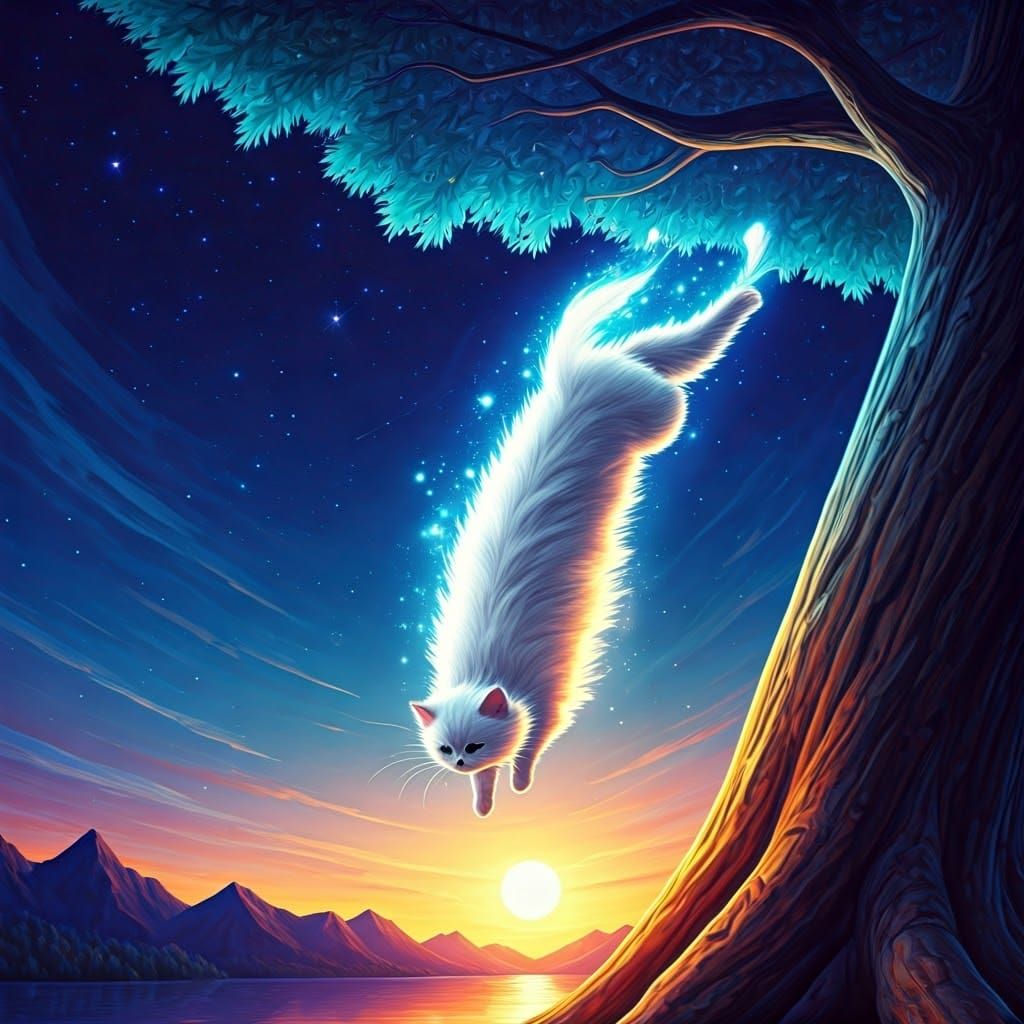 Whimsical Watercolor Cat Diving Under Starry Night Sky