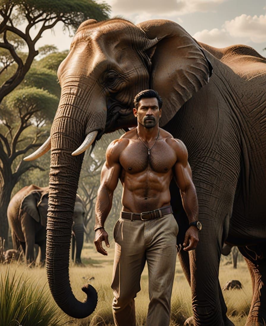 Strong Man Embraced by Majestic Elephant in Pristine Landsca...
