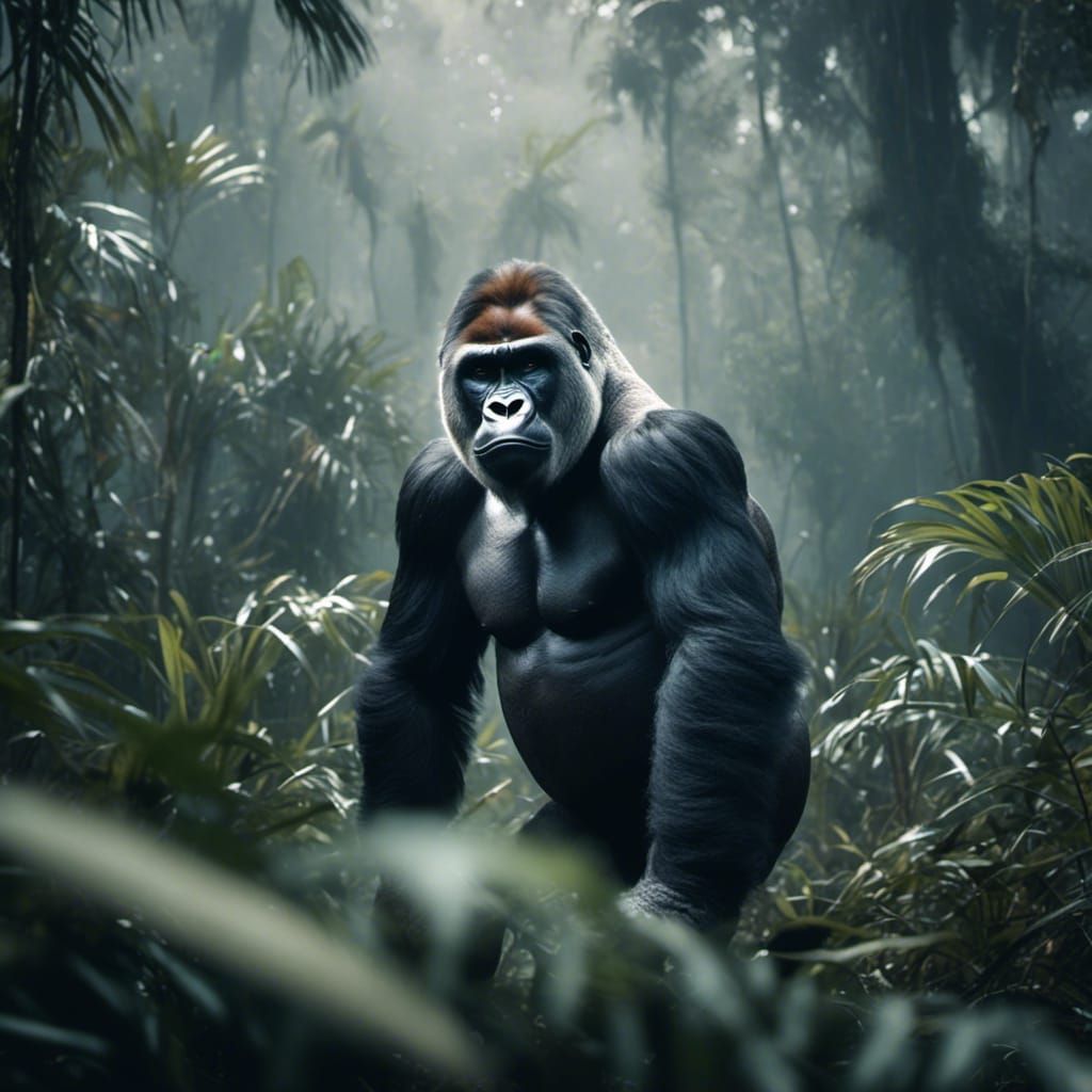 A male gorilla looking at the camera,