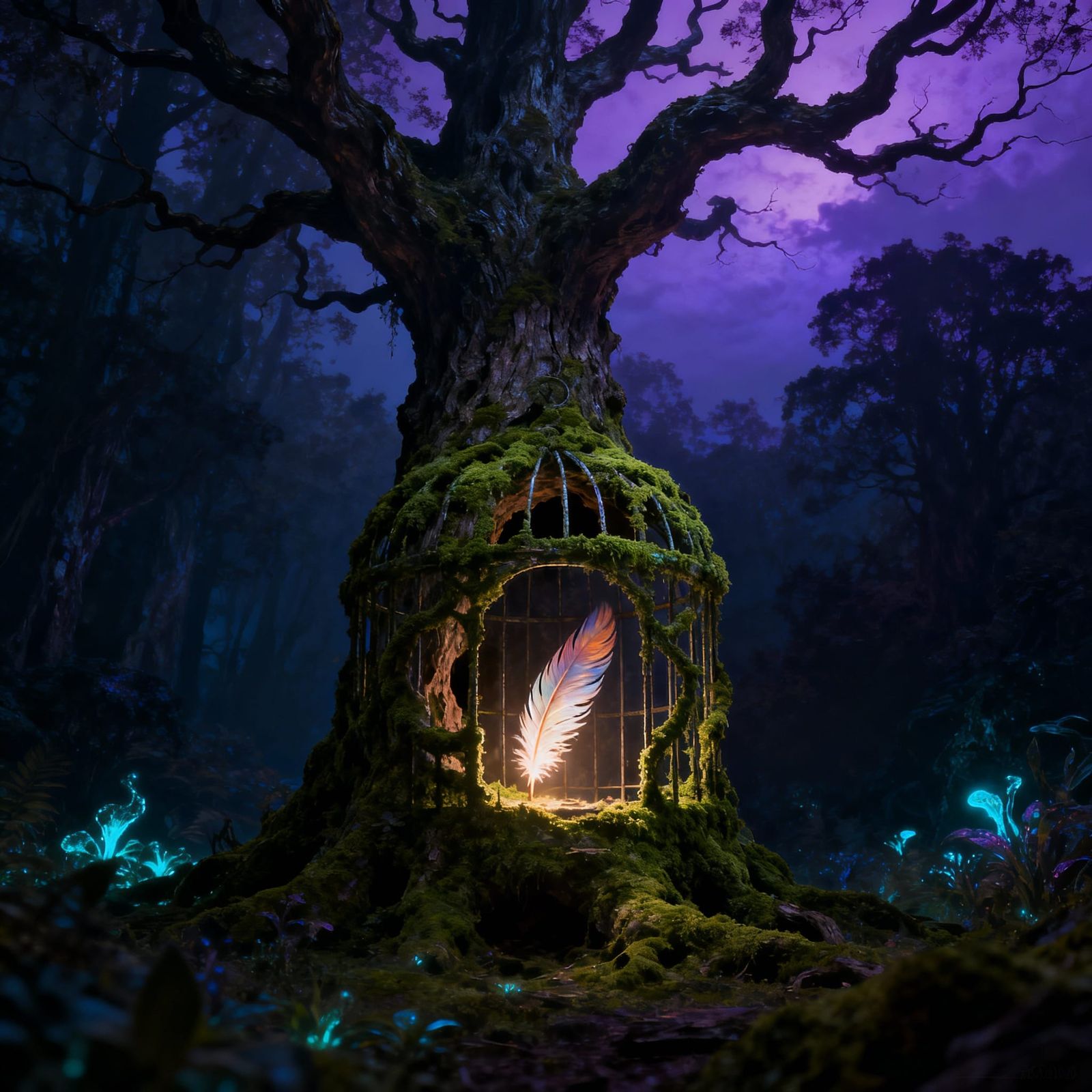 Ancient Tree Birdcage with Glowing Phoenix Feather