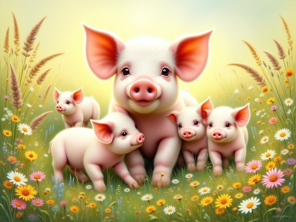 Mother Pig and Her Piglets in Whimsical Watercolor Style