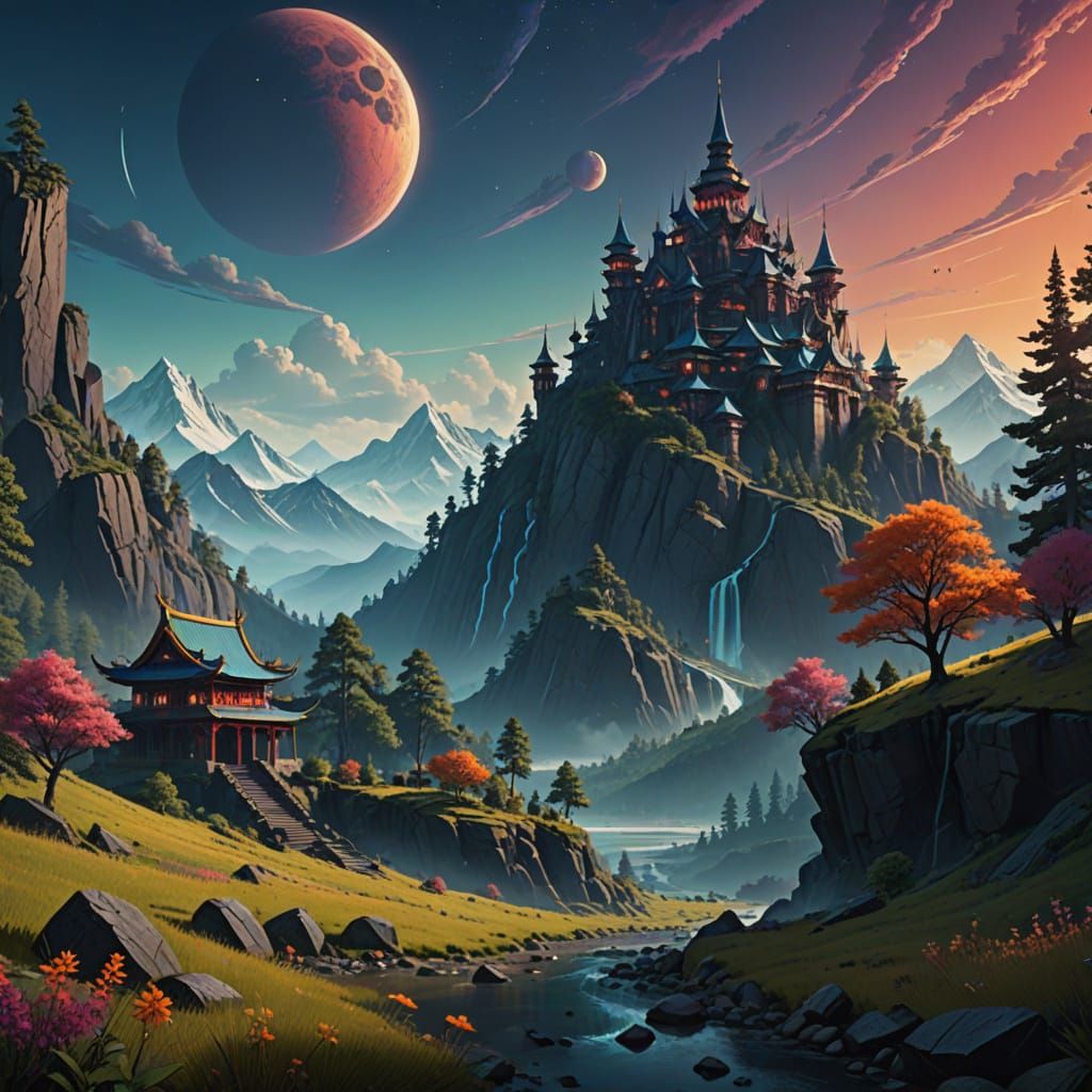 Moonlit Mountain Range with Fantastical Architecture