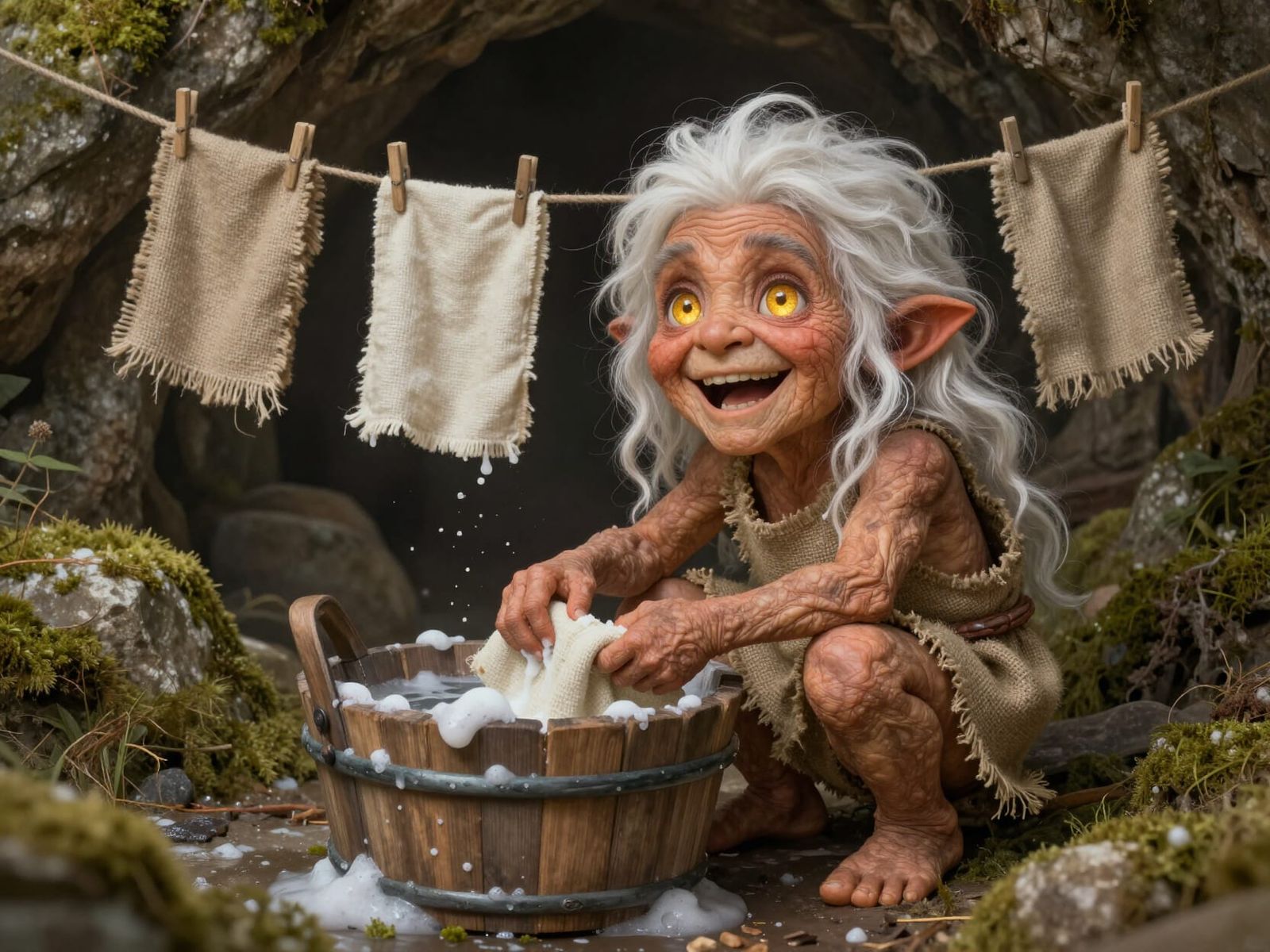 Cute Fae Washing Clothes in Mossy Cave