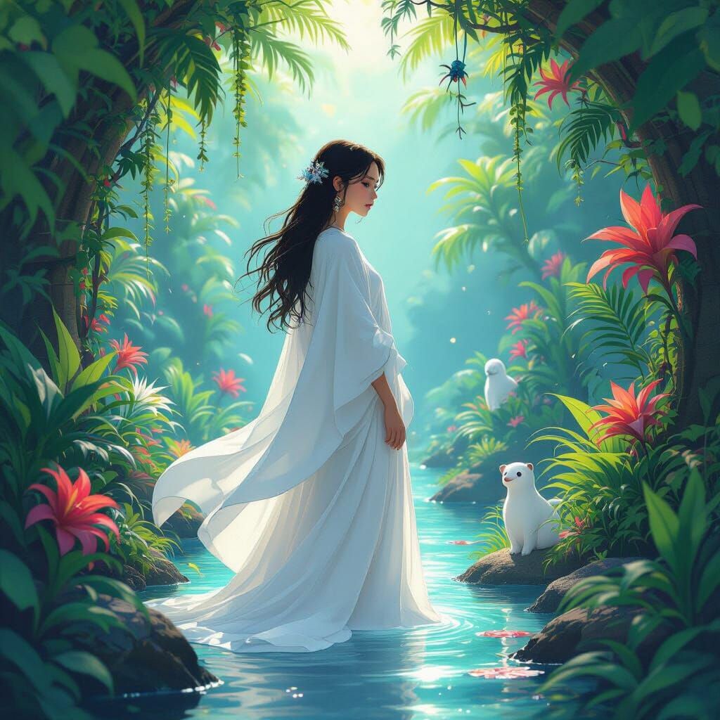 Utopian Oasis with Serene Woman and Fantastical Creatures