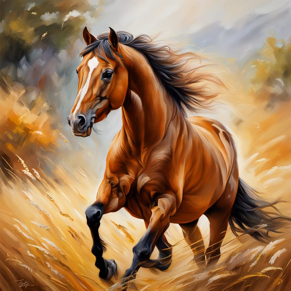 Running Horse Portrait in Golden Field as Oil Painting