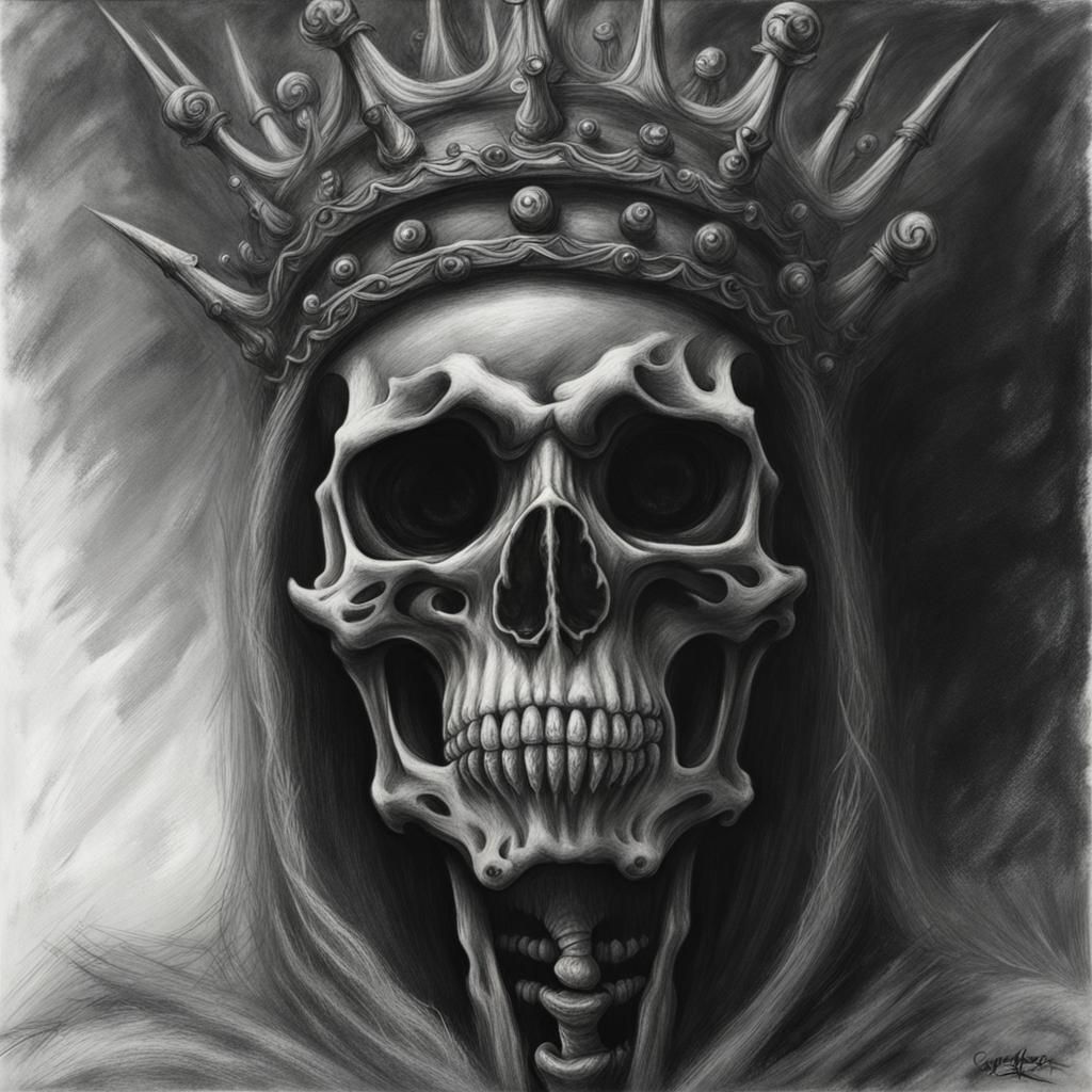 Skeletal King in Hyperdetailed Charcoal Drawing
