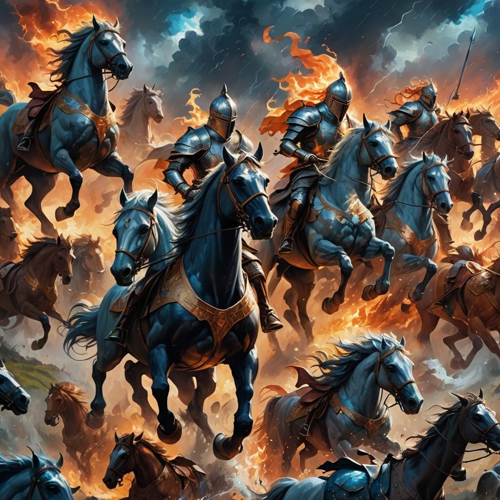 Epic Knights Charge into Battle: Fantasy Oil Painting