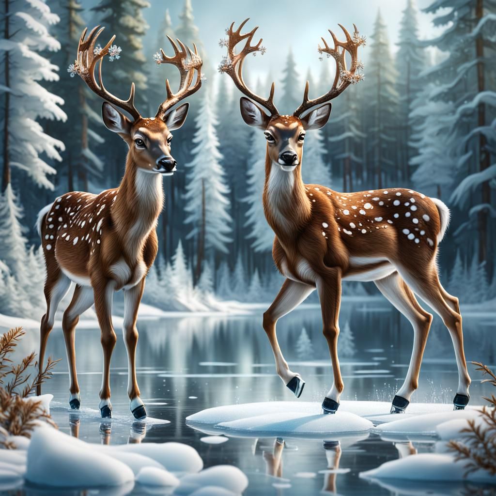 Baby Deer Ice Skating on Frozen Lake: 3D Render