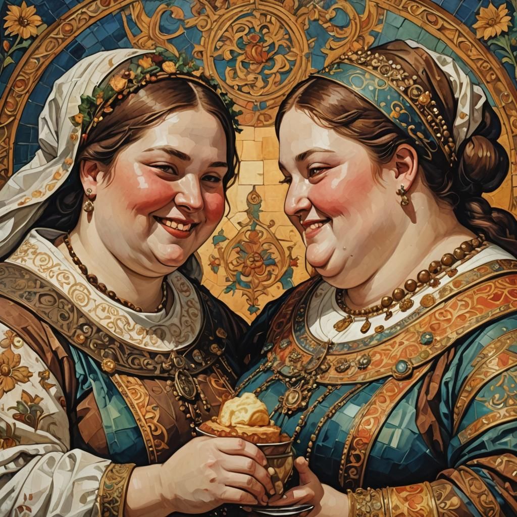 Romantic Obese Couple in Medieval Rus: Abstract Art
