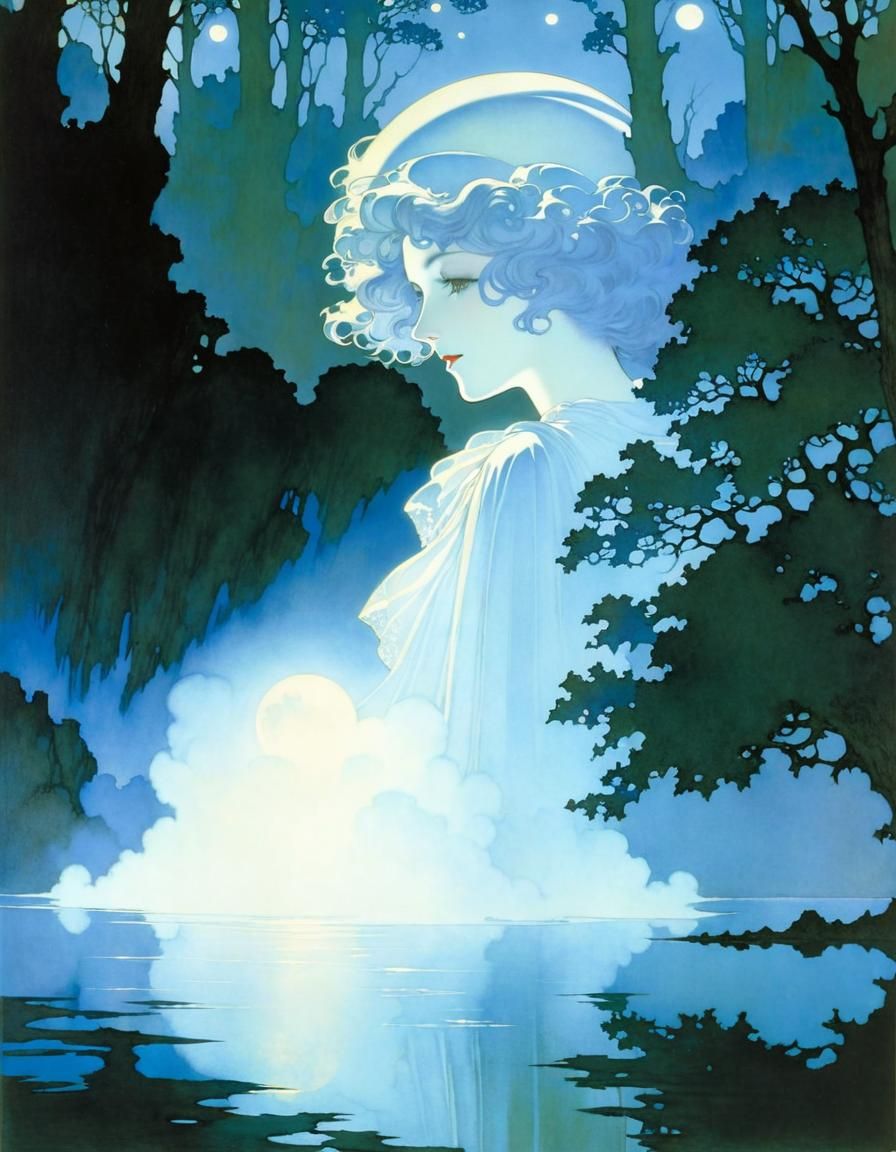 Ethereal Lady Over Moonlit Lake, Classic Illustration