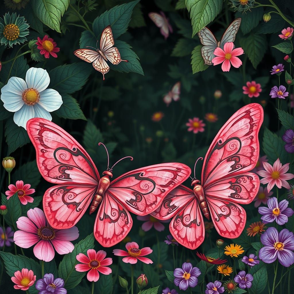 Whimsical Pink Butterflies in Enchanted Garden
