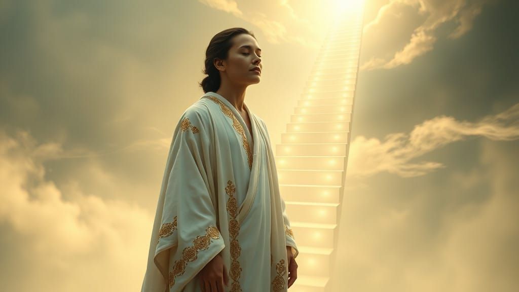 Serene Figure Contemplates Divine Plan in Ethereal Landscape