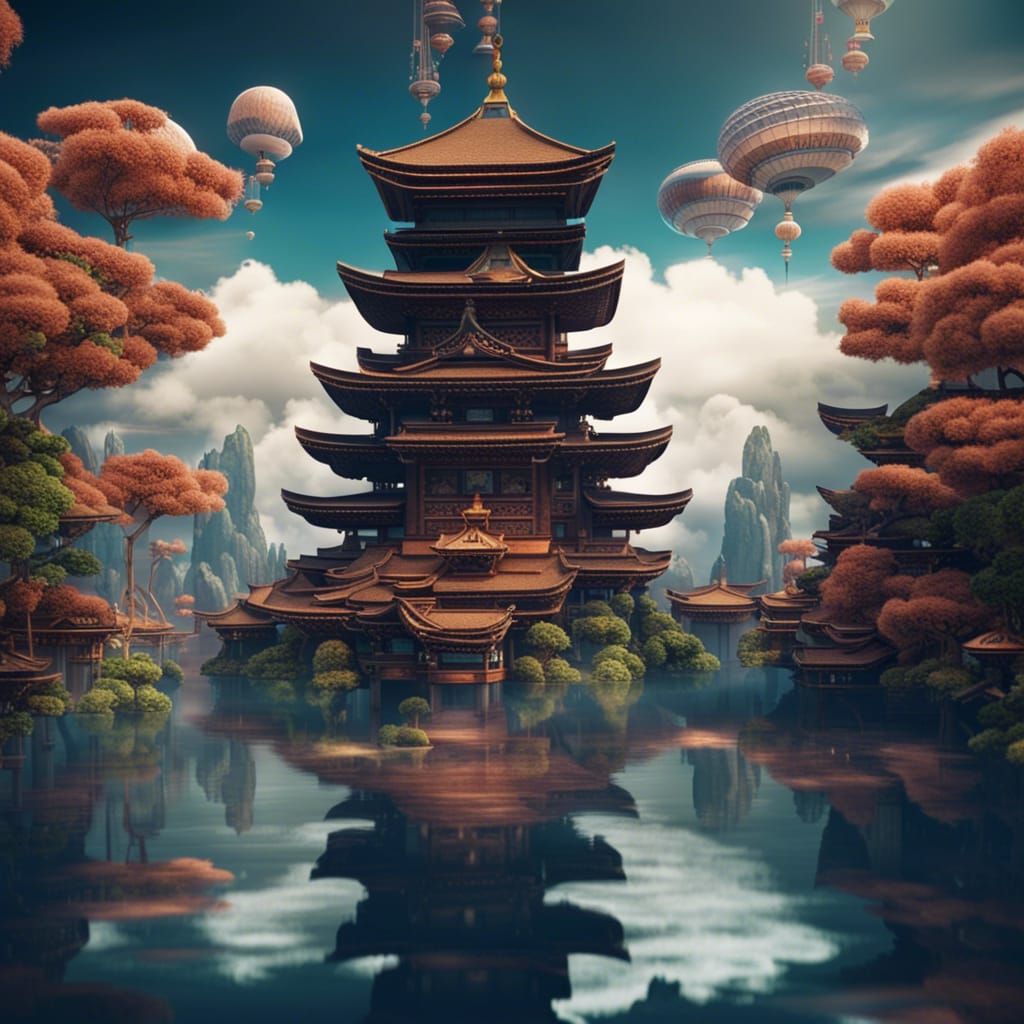 Futuristic Japanese Temples Floating on Clouds