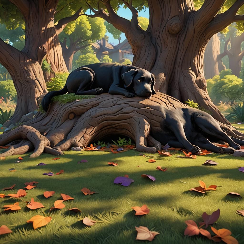 A black dog named midnight layed down underneath a tree and ...