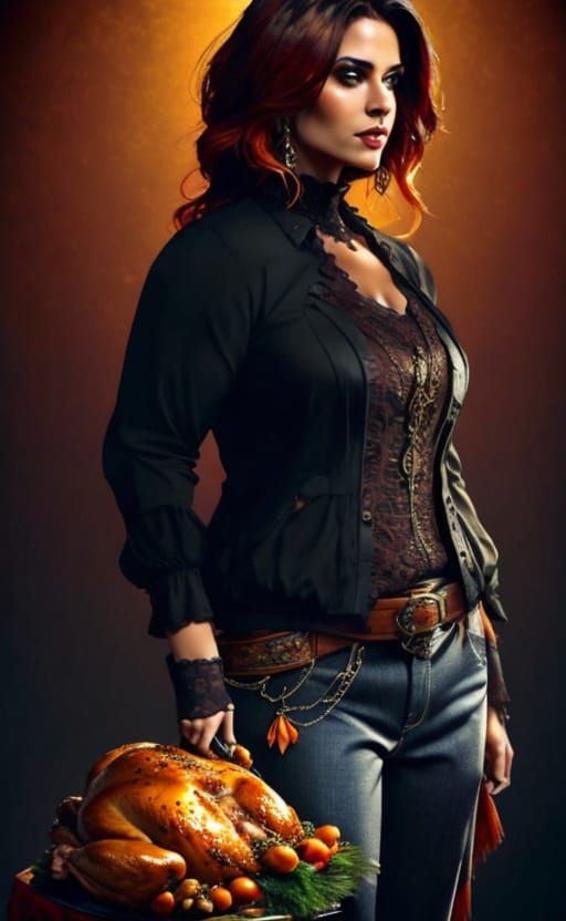 Hyperrealistic Turkey in Corduroy Pants, Thanksgiving Scene