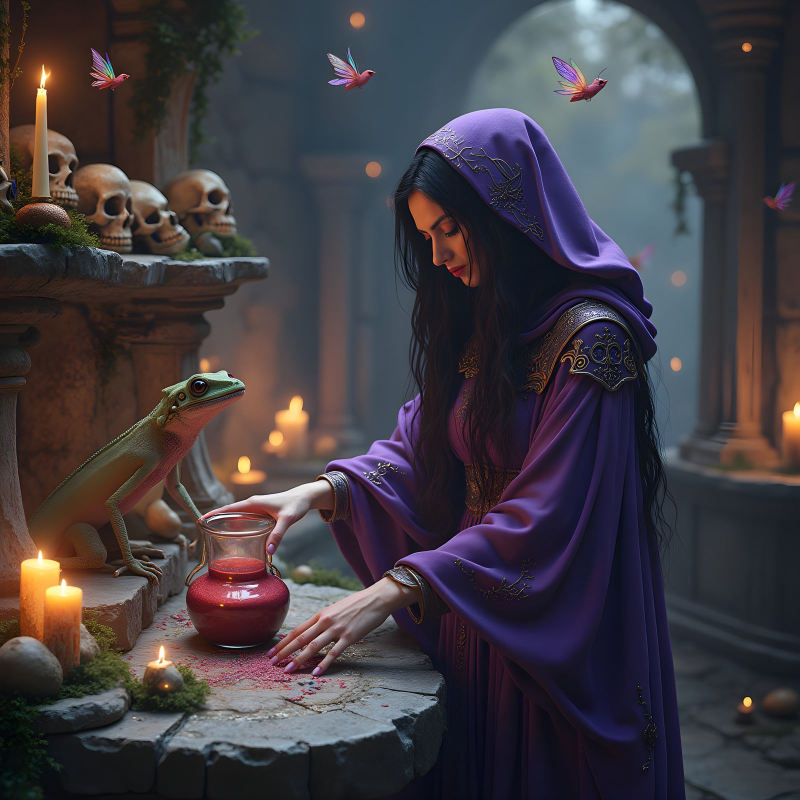 Purple Cloaked Witch Mixing Potions, Detailed Matte Painting