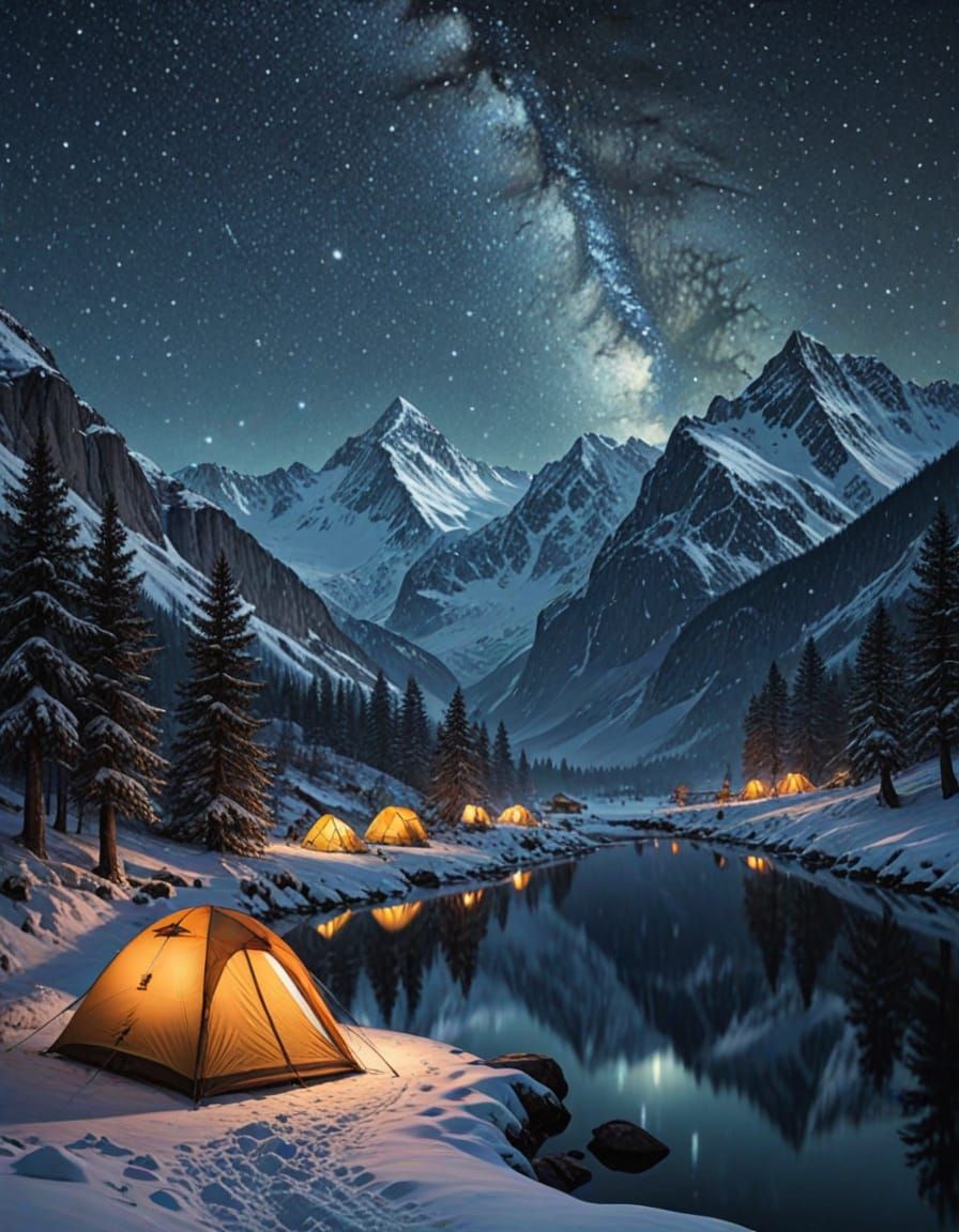 Winter Campsite in the Swiss Alps: Mystical Digital Painting