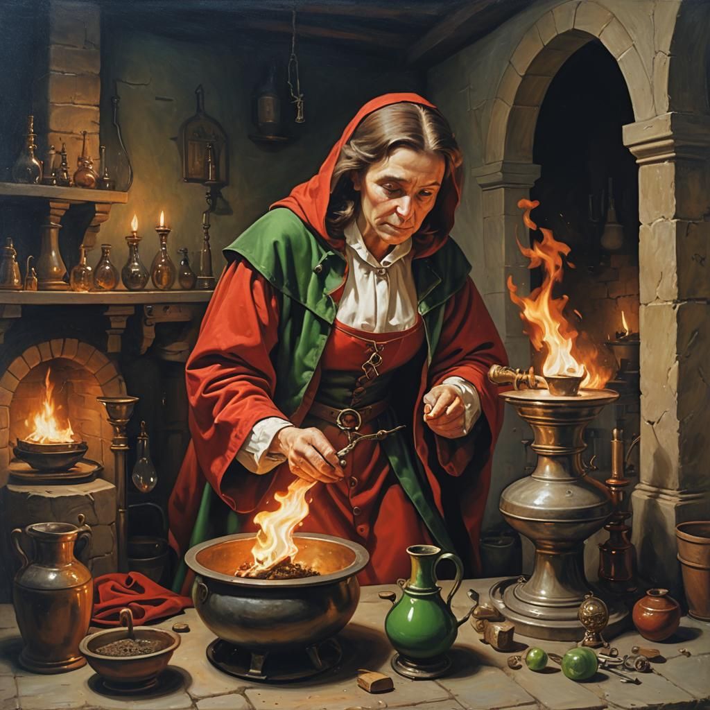 Alchemist Observes Retort in Chiaroscuro Oil Painting