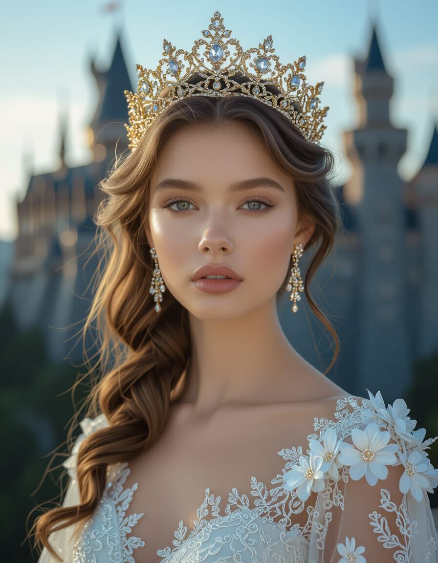 Fantasy Princess with Crown and Castle, Hyperrealistic Style