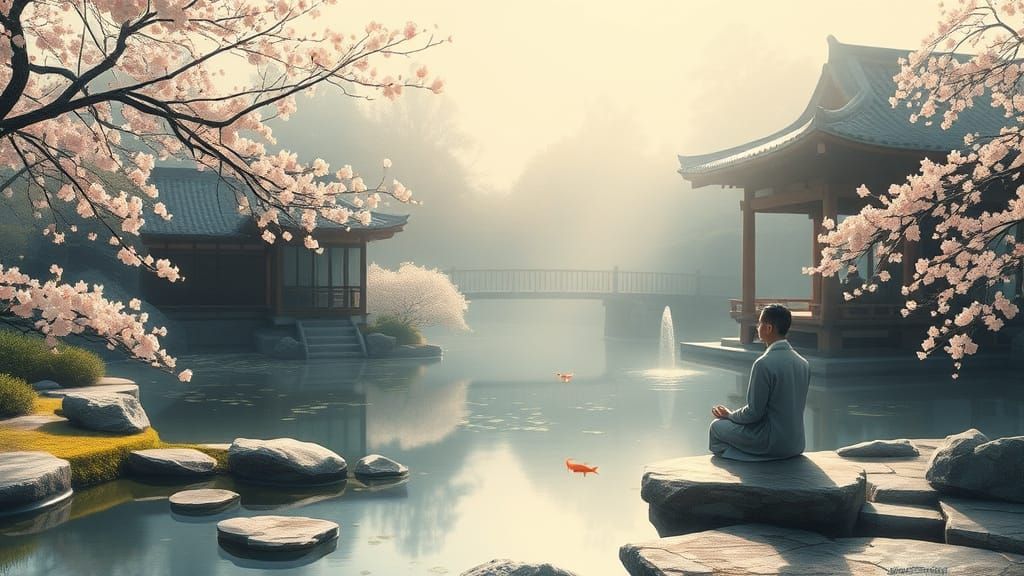 Serene Temple Garden at Dawn with Cherry Blossoms