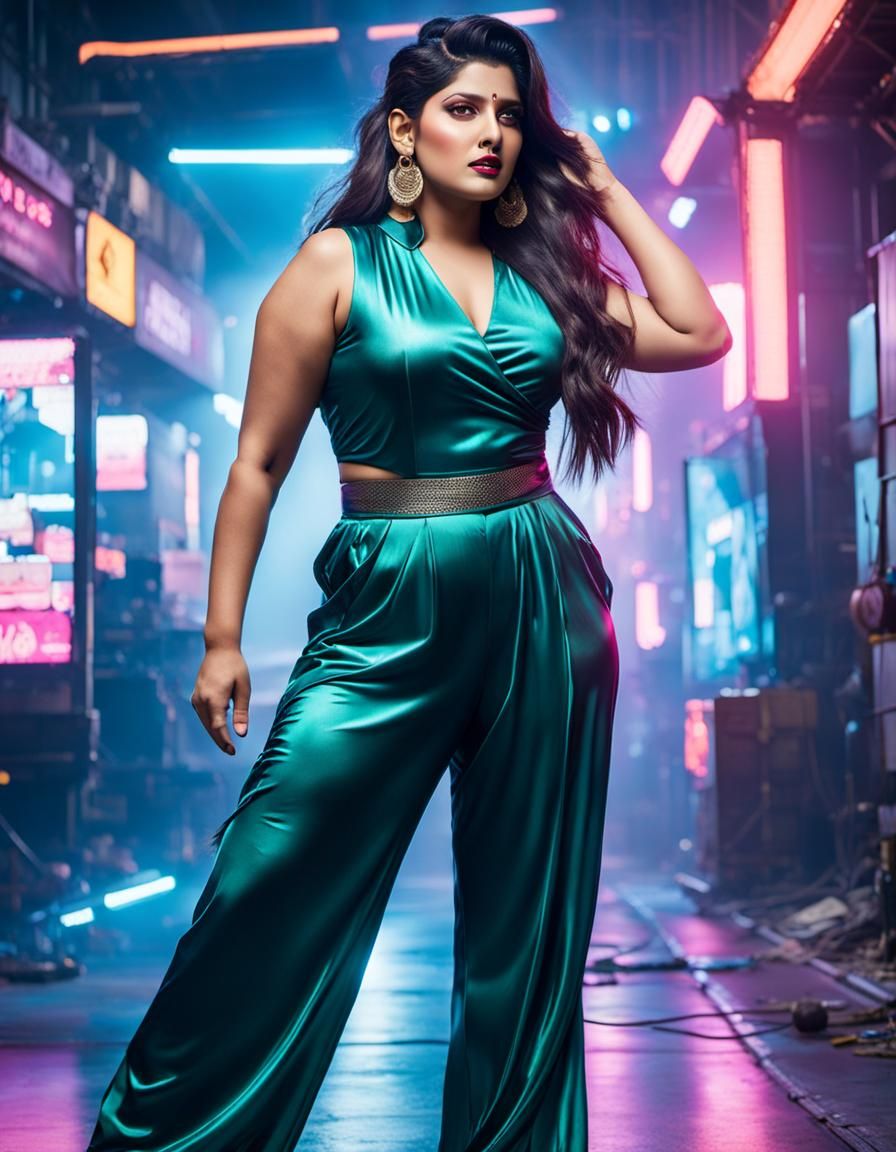 Curvy Indian Woman in Cyberpunk Neon Setting