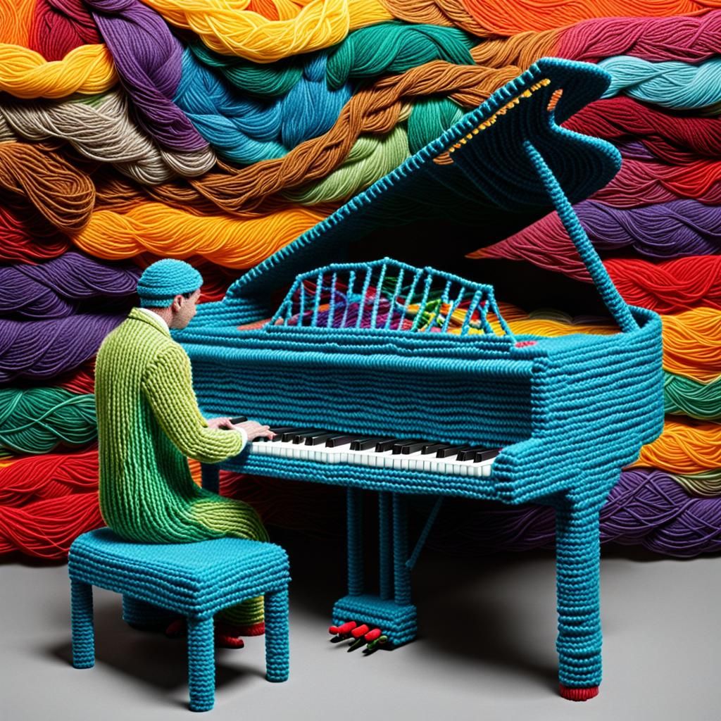 Yarn Man Playing Piano: A Colorful Fiber Art Scene